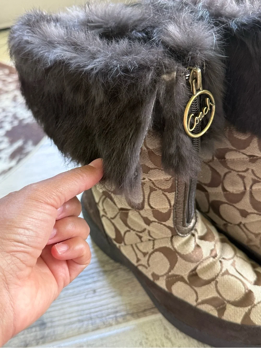 Coach “Faith” Logo Jacquard Rabbit-Fur Trim Winter Boots size 6.5